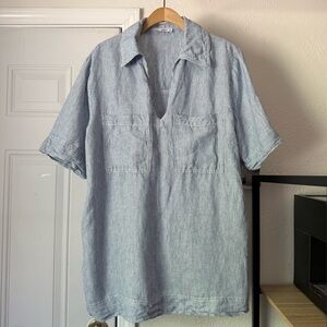 NATI men’s blue white striped linen polo popover short‎ sleeve oversized shirt